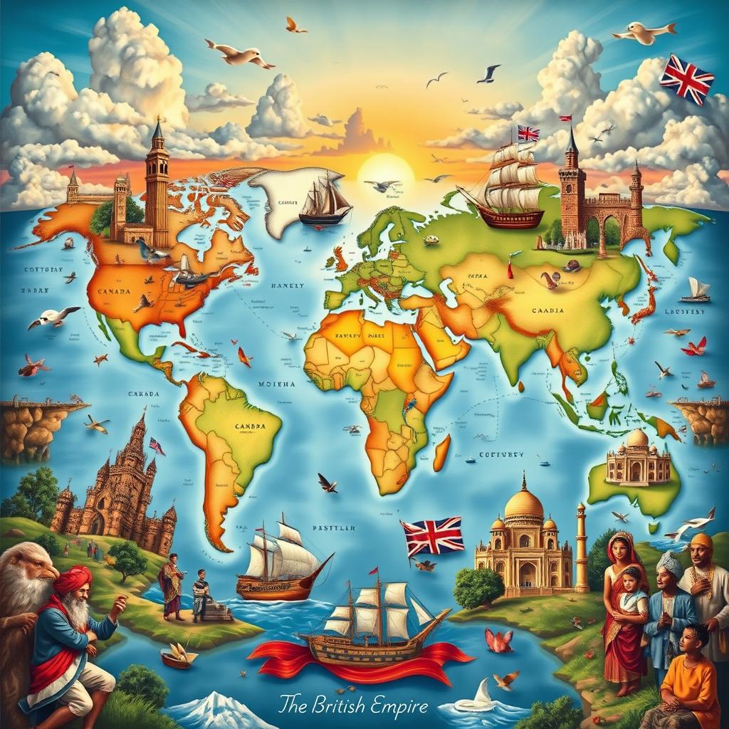 A rich depiction of the British Empire, illustrating its vast territories and cultural diversity