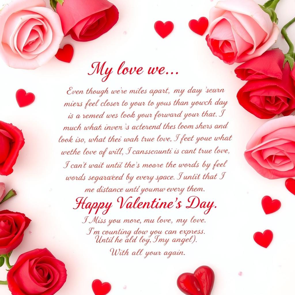 A romantic Valentine's Day card featuring the heartfelt message: 'My love,

Even though we're miles apart, my heart feels closer to yours than ever