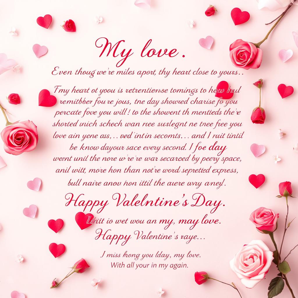 A beautiful Valentine's Day card background featuring soft pink and red hues with delicate hearts and roses scattered throughout