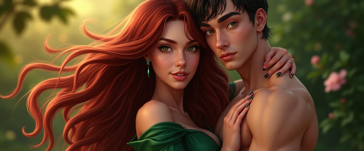 A very sexy girl with long, dark red hair flowing in the wind, complemented by her captivating brown eyes