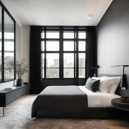 A bedroom with a 20 inch cut front window, filled with sleek black furniture, creating a bold contrast with the light from outside.