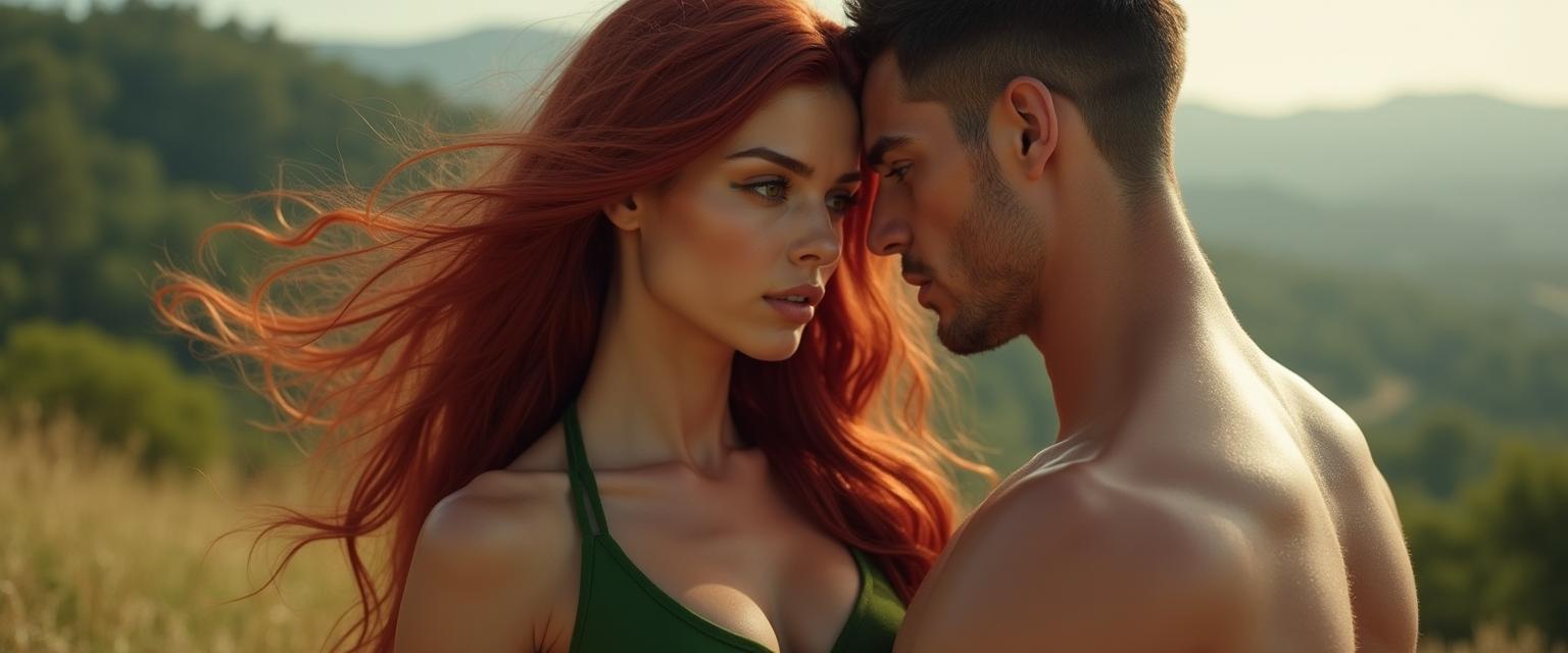 A very sexy girl with long, dark red hair flowing in the wind, showcasing her captivating brown eyes