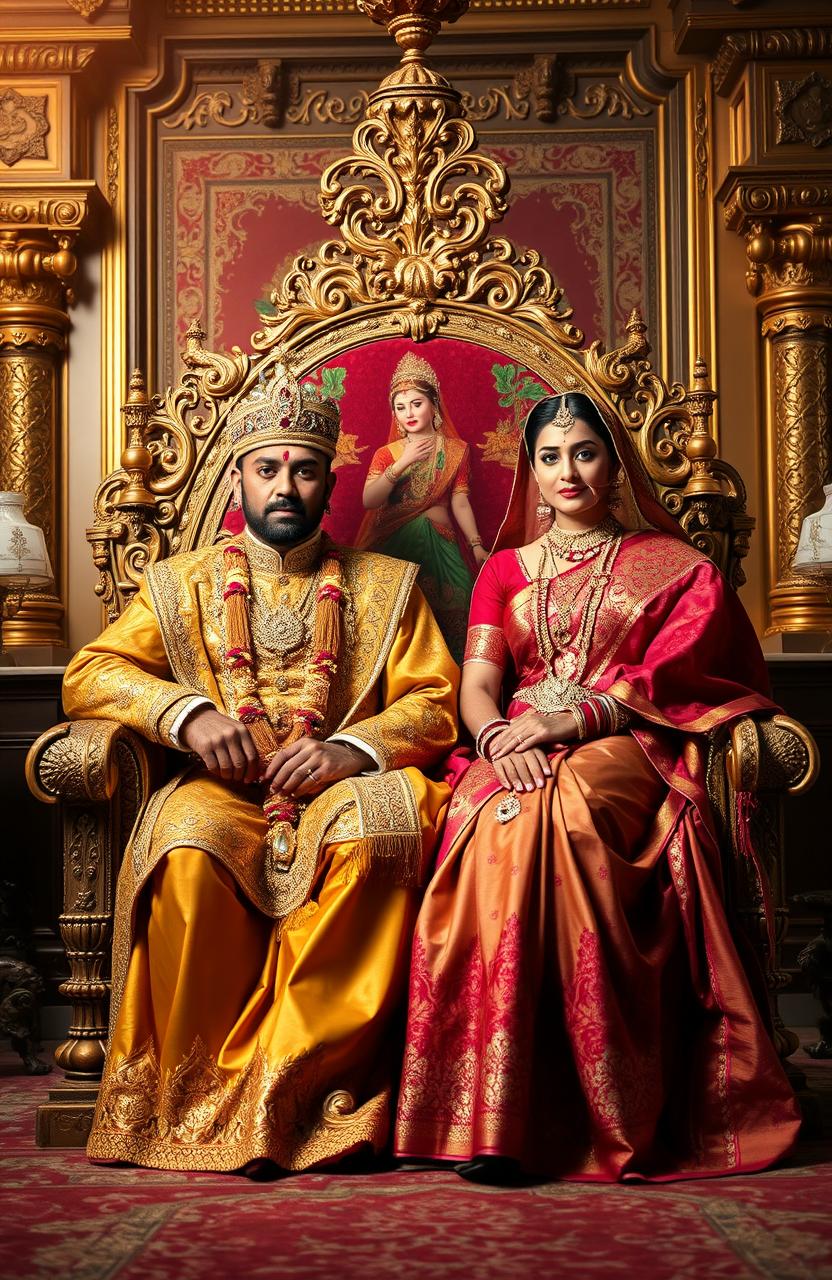 An Indian king sitting regally on a grand throne, adorned in traditional royal attire with intricate gold embroidery and gemstones
