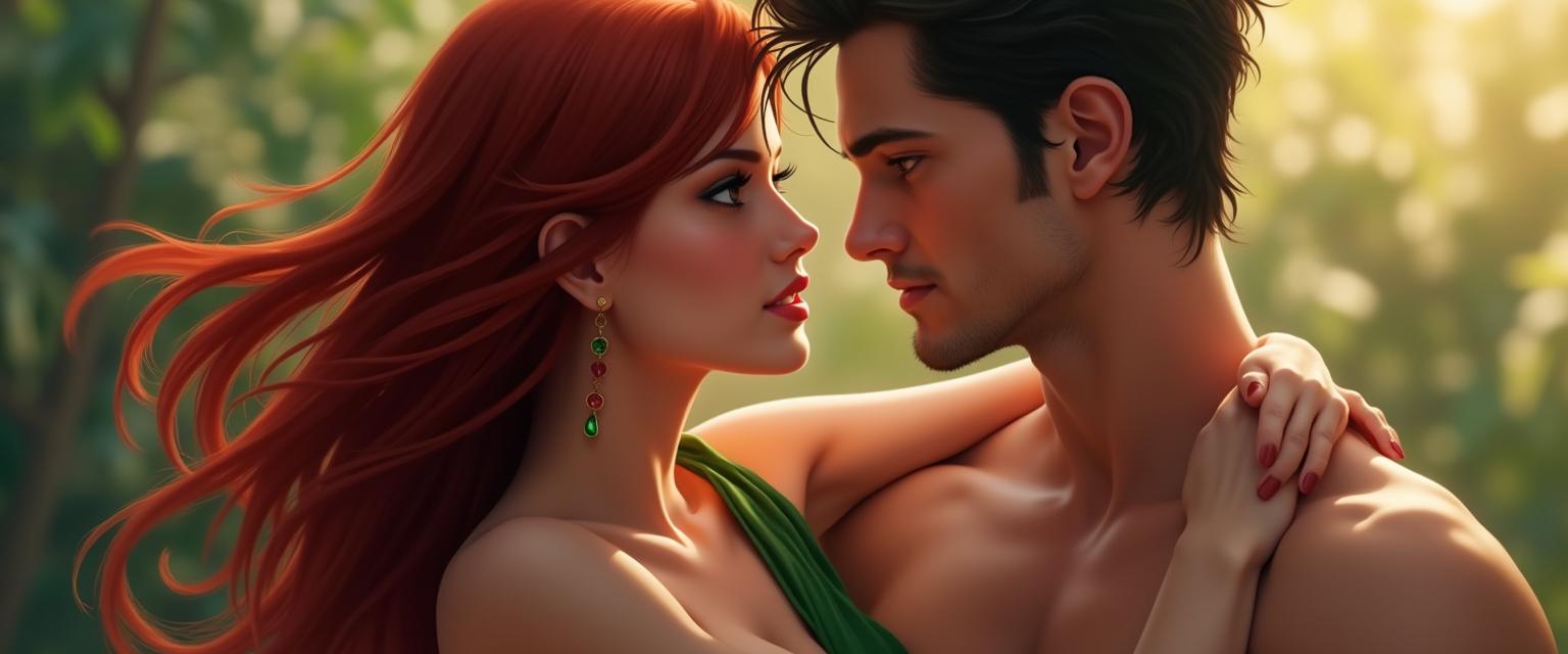 A very sexy girl with long, dark red hair flowing in the wind and captivating brown eyes, wearing a stylish and elegant green dress that accentuates her figure