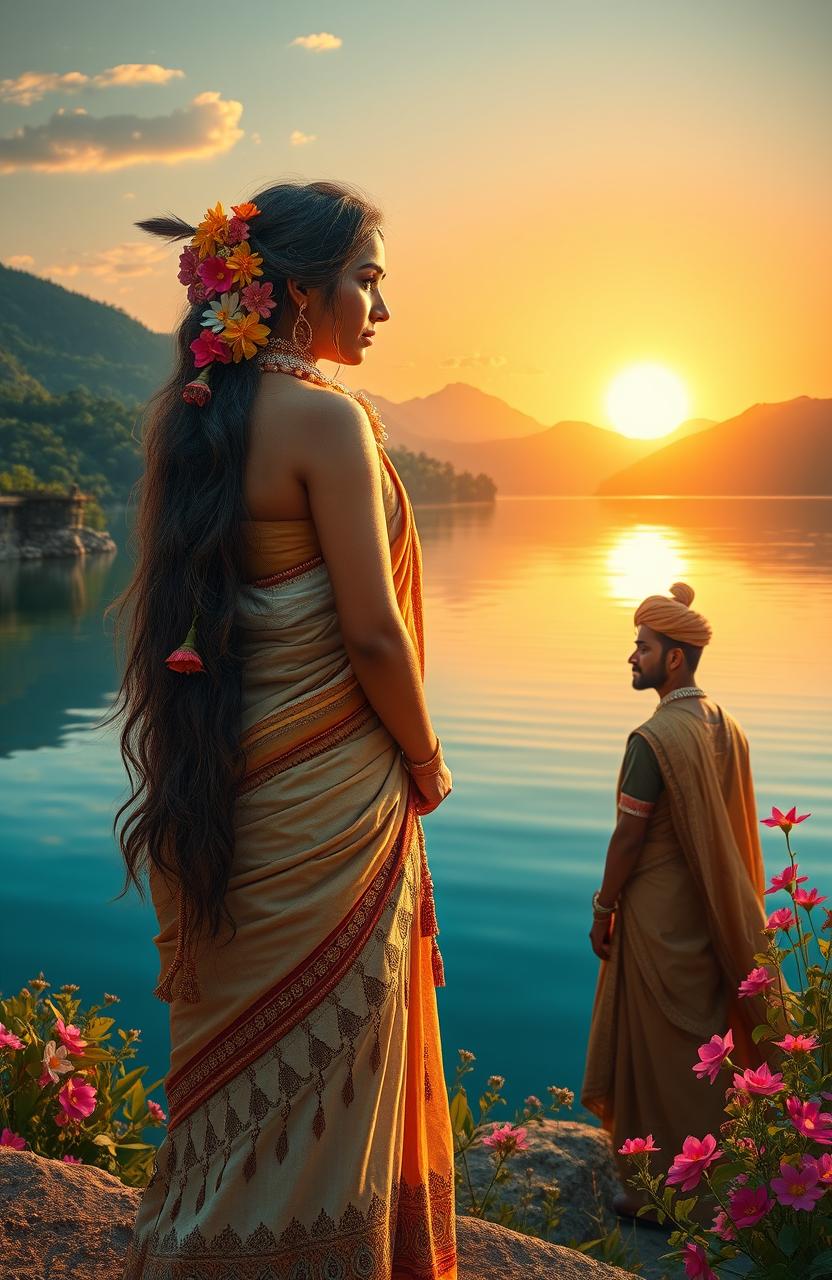 An ancient Indian girl in traditional attire, standing gracefully near a serene and beautiful lake