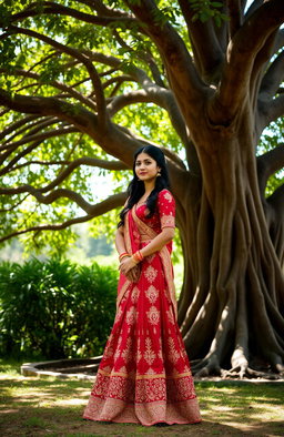 An ancient Indian girl elegantly dressed in a traditional lengha, featuring intricate embroidery and vibrant colors, standing gracefully under the expansive canopy of a majestic banyan tree