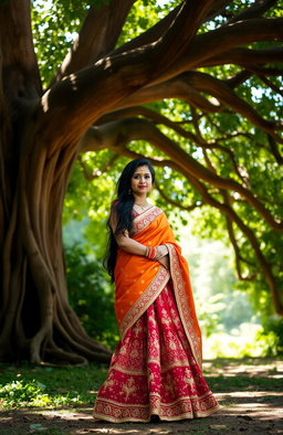 An ancient Indian girl elegantly dressed in a traditional lengha, featuring intricate embroidery and vibrant colors, standing gracefully under the expansive canopy of a majestic banyan tree