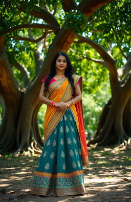 An ancient Indian girl elegantly dressed in a traditional lengha, featuring intricate embroidery and vibrant colors, standing gracefully under the expansive canopy of a majestic banyan tree