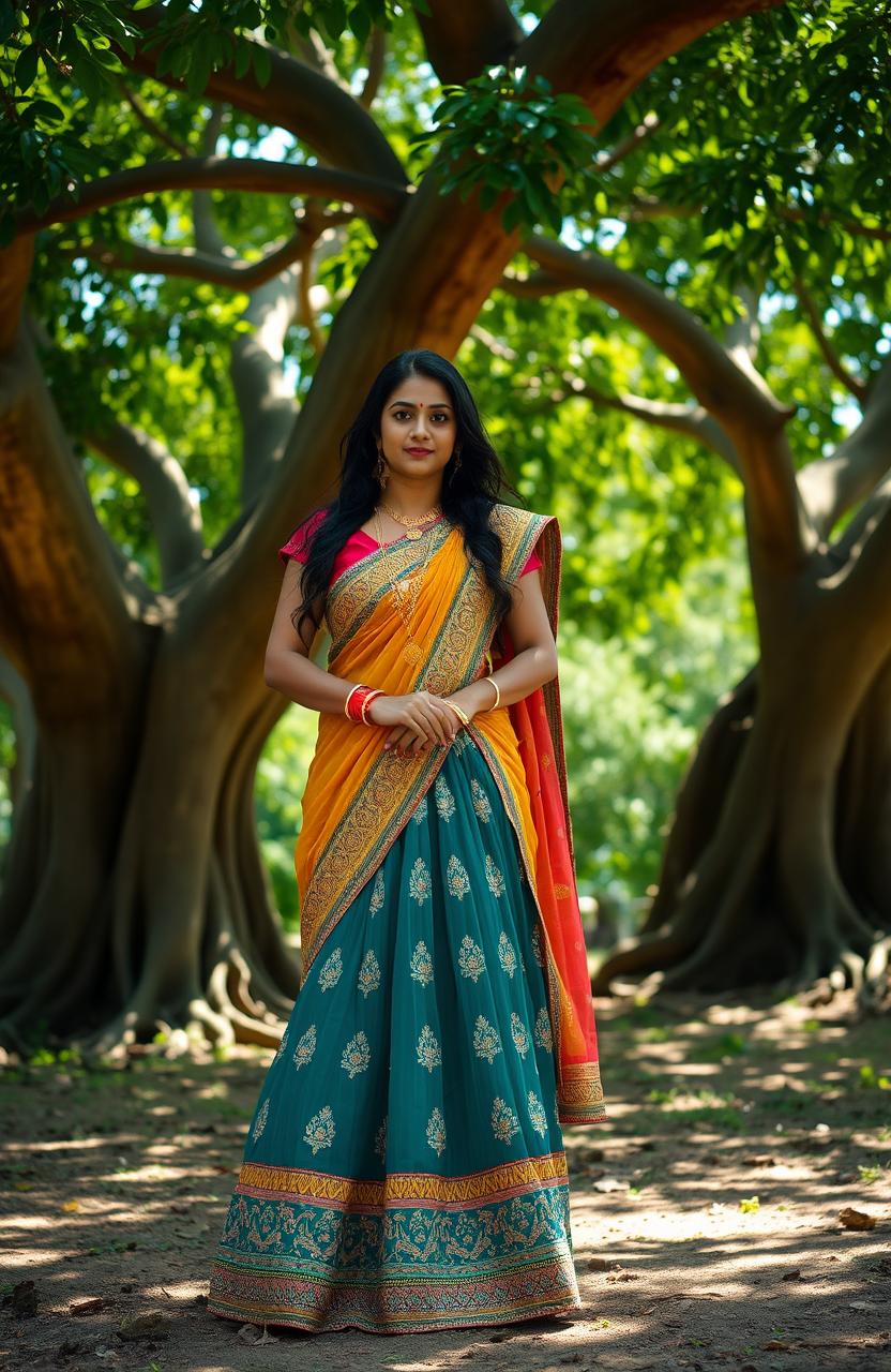 An ancient Indian girl elegantly dressed in a traditional lengha, featuring intricate embroidery and vibrant colors, standing gracefully under the expansive canopy of a majestic banyan tree