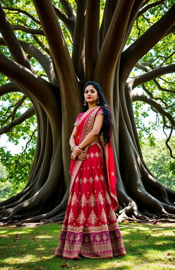 An ancient Indian girl elegantly dressed in a traditional lengha, featuring intricate embroidery and vibrant colors, standing gracefully under the expansive canopy of a majestic banyan tree