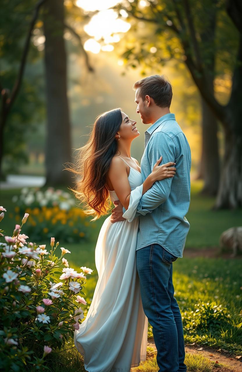 A beautiful scene depicting unconditional devotion, featuring a couple in a serene park setting