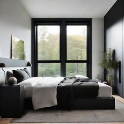 A bedroom with a 20 inch cut front window, filled with sleek black furniture, creating a bold contrast with the light from outside.