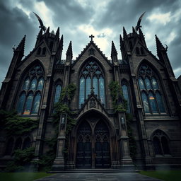 An imposing dark gothic cathedral, towering under a stormy sky