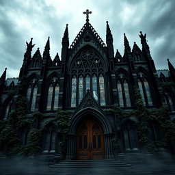 An imposing dark gothic cathedral, towering under a stormy sky