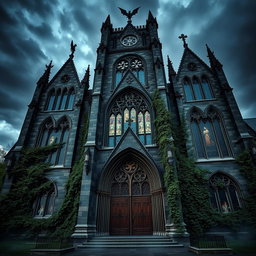 An imposing dark gothic cathedral, towering under a stormy sky