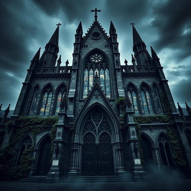 An imposing dark gothic cathedral, towering under a stormy sky