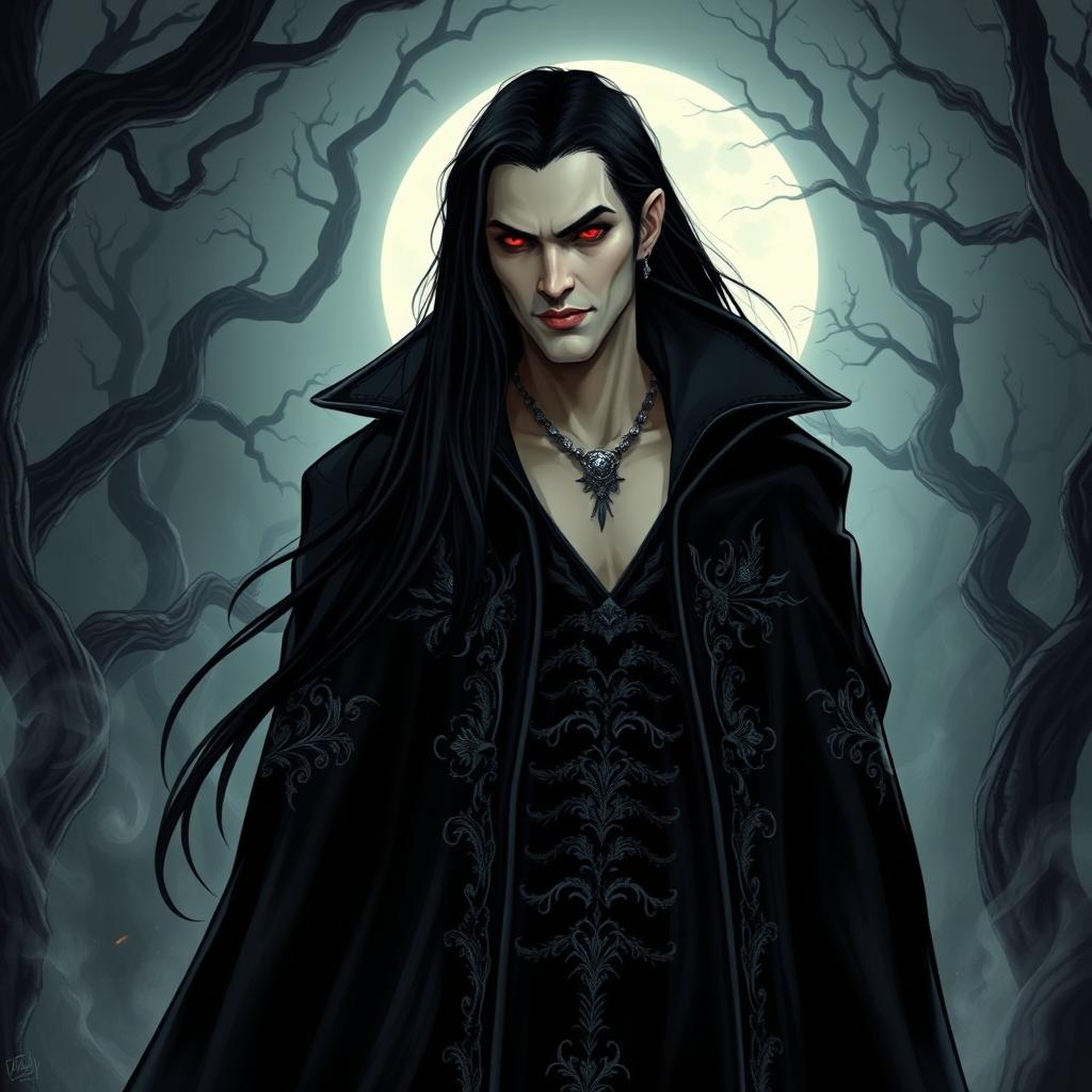 A striking vampire character design for a gothic novel cover, featuring a tall, elegant vampire with long, flowing black hair and piercing red eyes