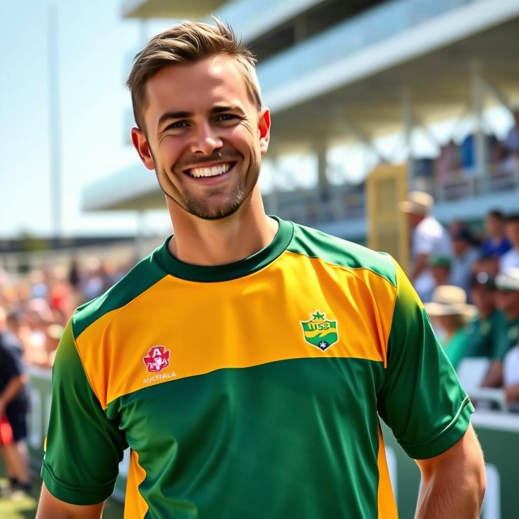 A man standing confidently, wearing a vibrant Australian cricket team T-shirt, featuring the iconic green and gold colors and the team logo on the chest