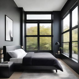 A bedroom with a 20 inch cut front window, filled with sleek black furniture, creating a bold contrast with the light from outside.