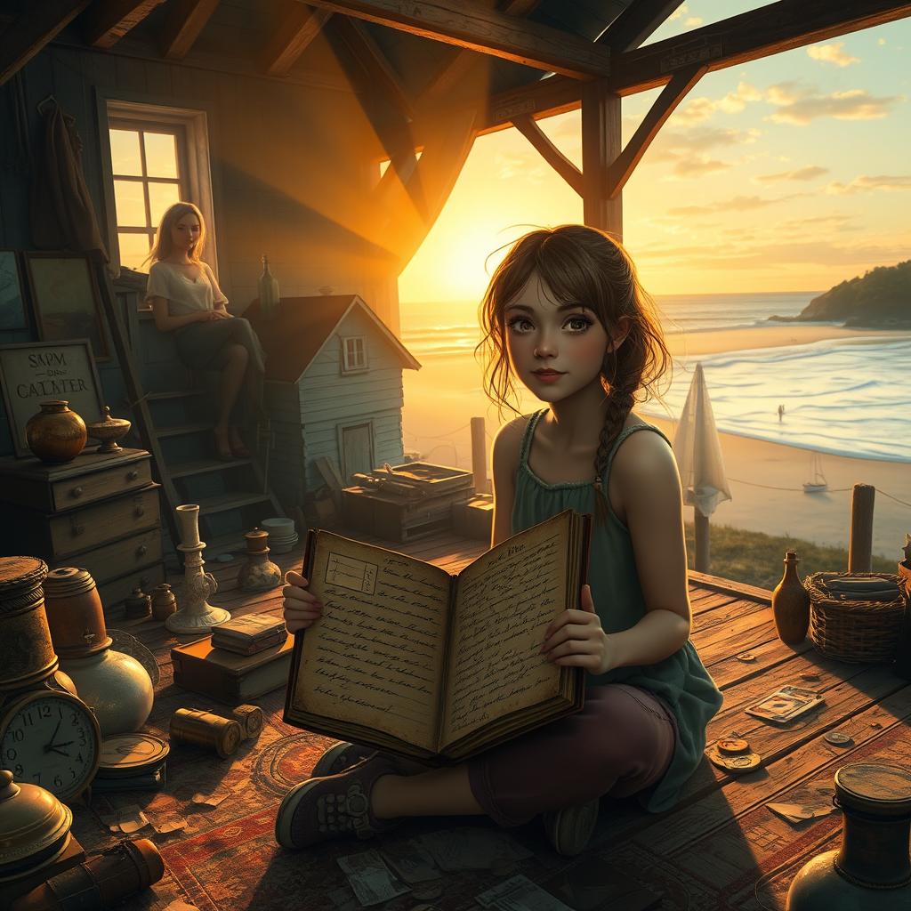 A serene and picturesque scene featuring a small coastal town, with charming houses lining the beach and the sun setting over the horizon