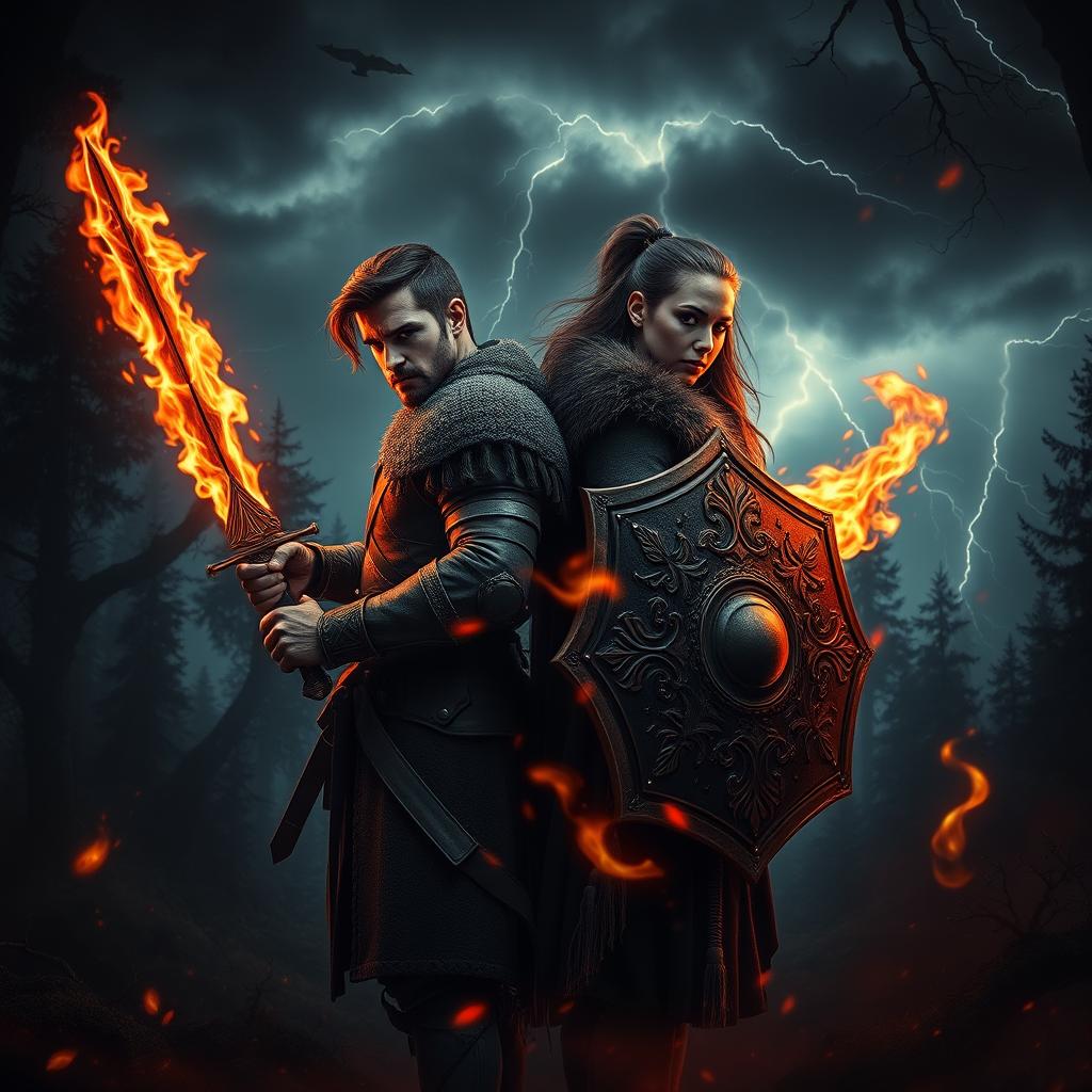 An evocative scene representing 'Bound by Blood and Fire', set in a dark, enchanted forest where shadows dance among the trees