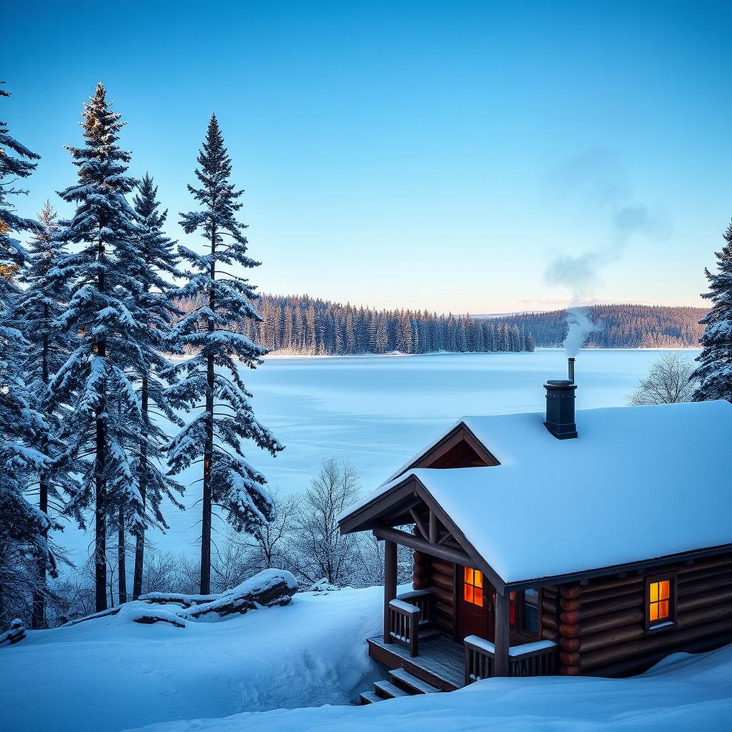 A serene winter landscape showcasing a tranquil frozen lake under a clear blue sky, surrounded by snow-covered pine trees