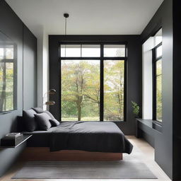 A bedroom with a 20 inch cut front window, filled with sleek black furniture, creating a bold contrast with the light from outside.