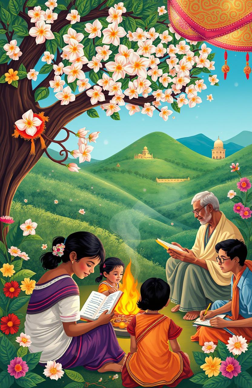 A vibrant illustration depicting the essence of Telugu poetry, showcasing a tapestry of emotions and expressions that resonate across all age groups