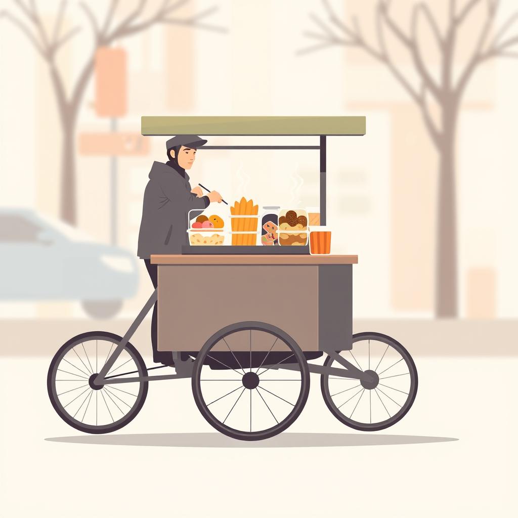A minimalist illustration of a street seller operating a modern four-wheel cart, filled with various mouth-watering traditional Mikshar items