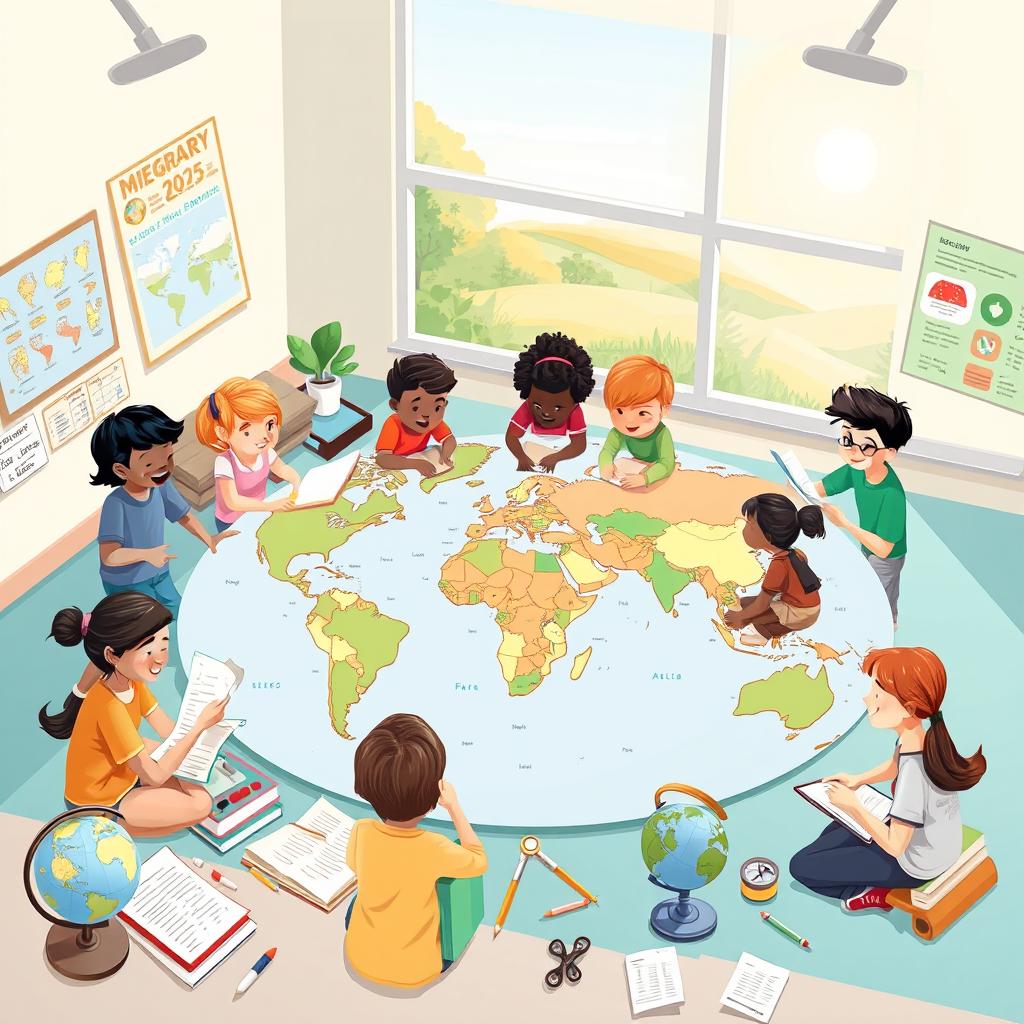 An engaging educational illustration showcasing various geography-related tasks and challenges designed for the PISA 2025 assessment