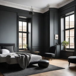 A bedroom featuring a front window with a 20 inch cut and furnished with stylish black furniture which induces an elegant atmosphere.