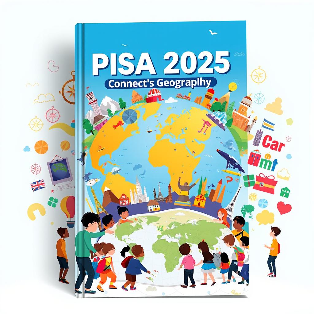 A dynamic and engaging book cover design for 'PISA 2025: Connect Geography'