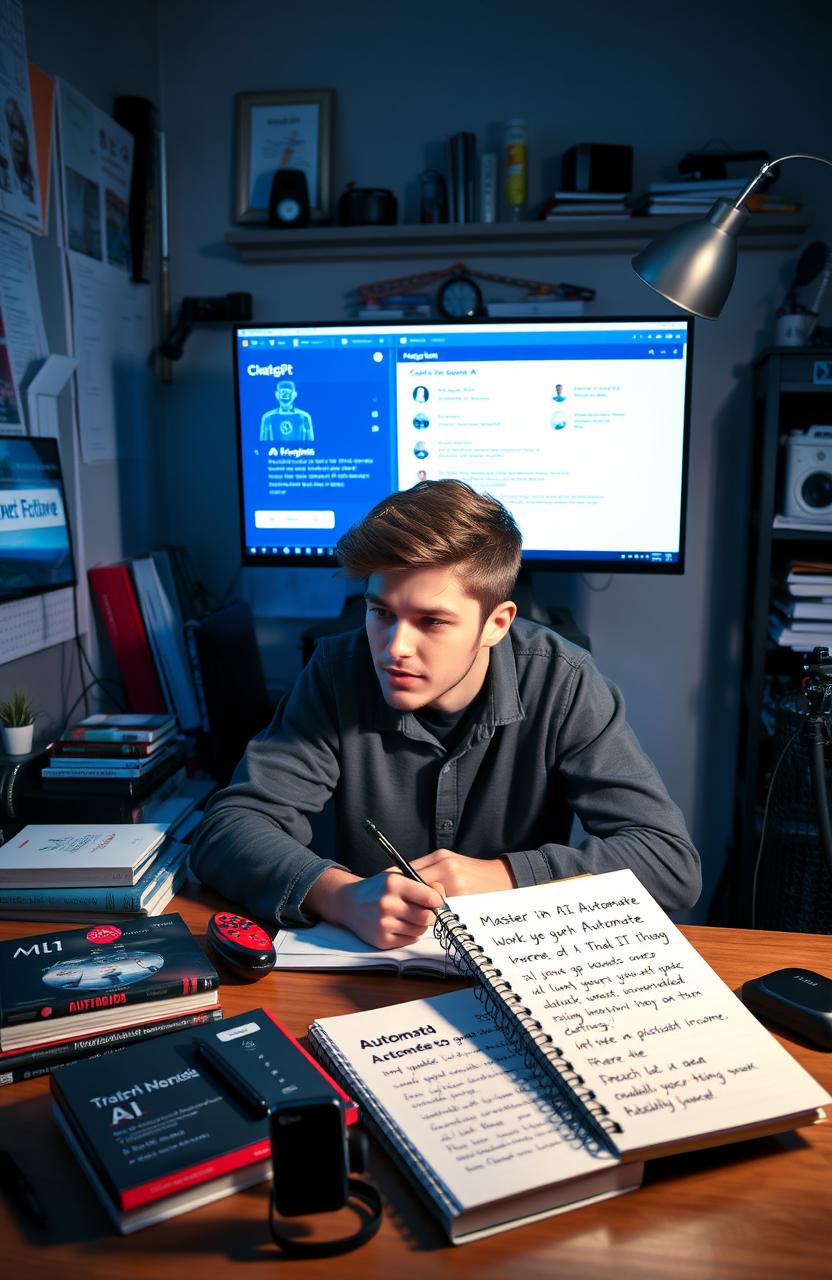 A modern workspace filled with high-tech tools and gadgets showcasing the theme of mastering ChatGPT and AI tools