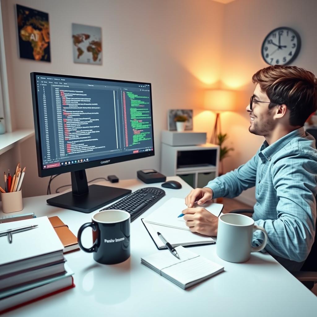 A bright and modern home office environment that illustrates the concept of mastering ChatGPT and AI tools