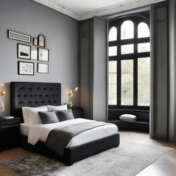 A bedroom featuring a front window with a 20 inch cut and furnished with stylish black furniture which induces an elegant atmosphere.