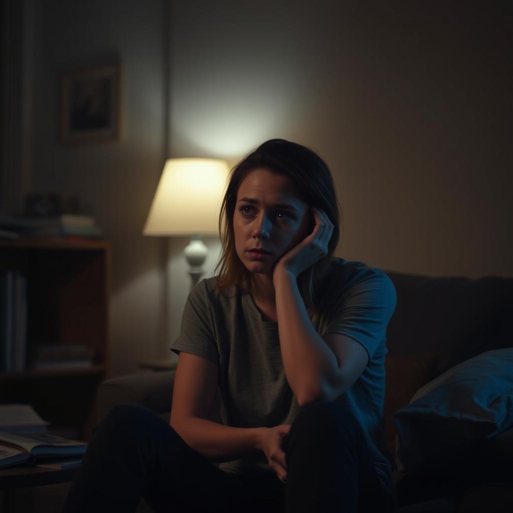 A 20-something woman sitting alone in a dimly lit room, her expression showing deep anxiety and contemplation
