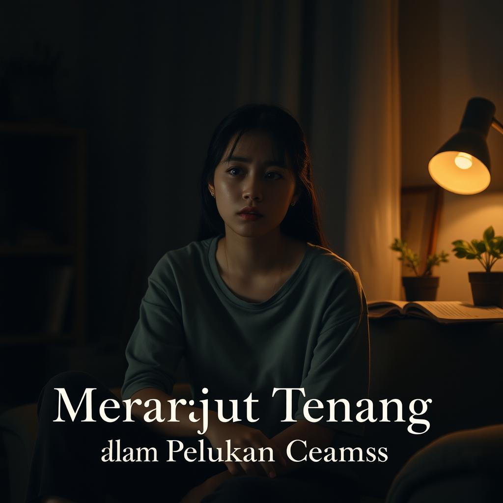 A young woman in her 20s sitting alone in a dimly lit room, with a worried expression on her face, reflecting on her thoughts