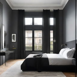 A bedroom featuring a front window with a 20 inch cut and furnished with stylish black furniture which induces an elegant atmosphere.