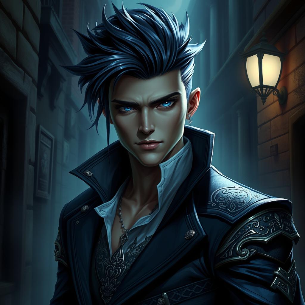 A striking aasimar male rogue with deep blue eyes and dark metallic blue hair, dressed in a stylish, form-fitting rogue outfit adorned with intricate silver accents
