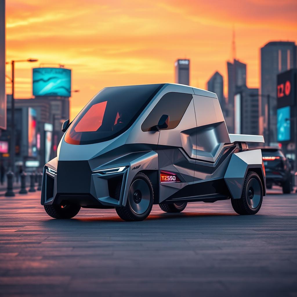 A sleek and futuristic electric truck, resembling the Tesla Cybertruck, with sharp angles and a metallic silver finish