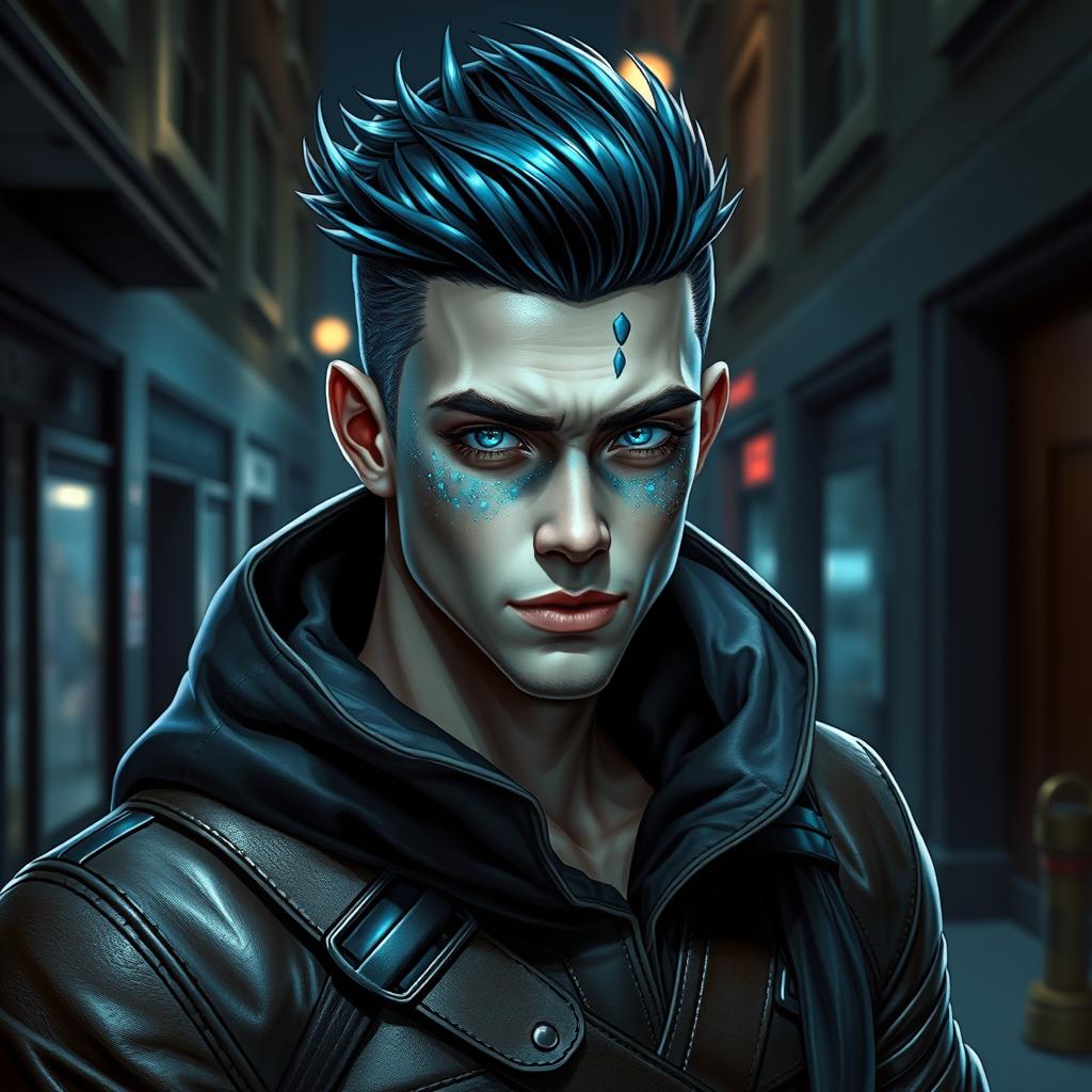 A handsome male aasimar rogue with striking blue eyes and dark metallic blue hair styled in a sleek, modern fashion