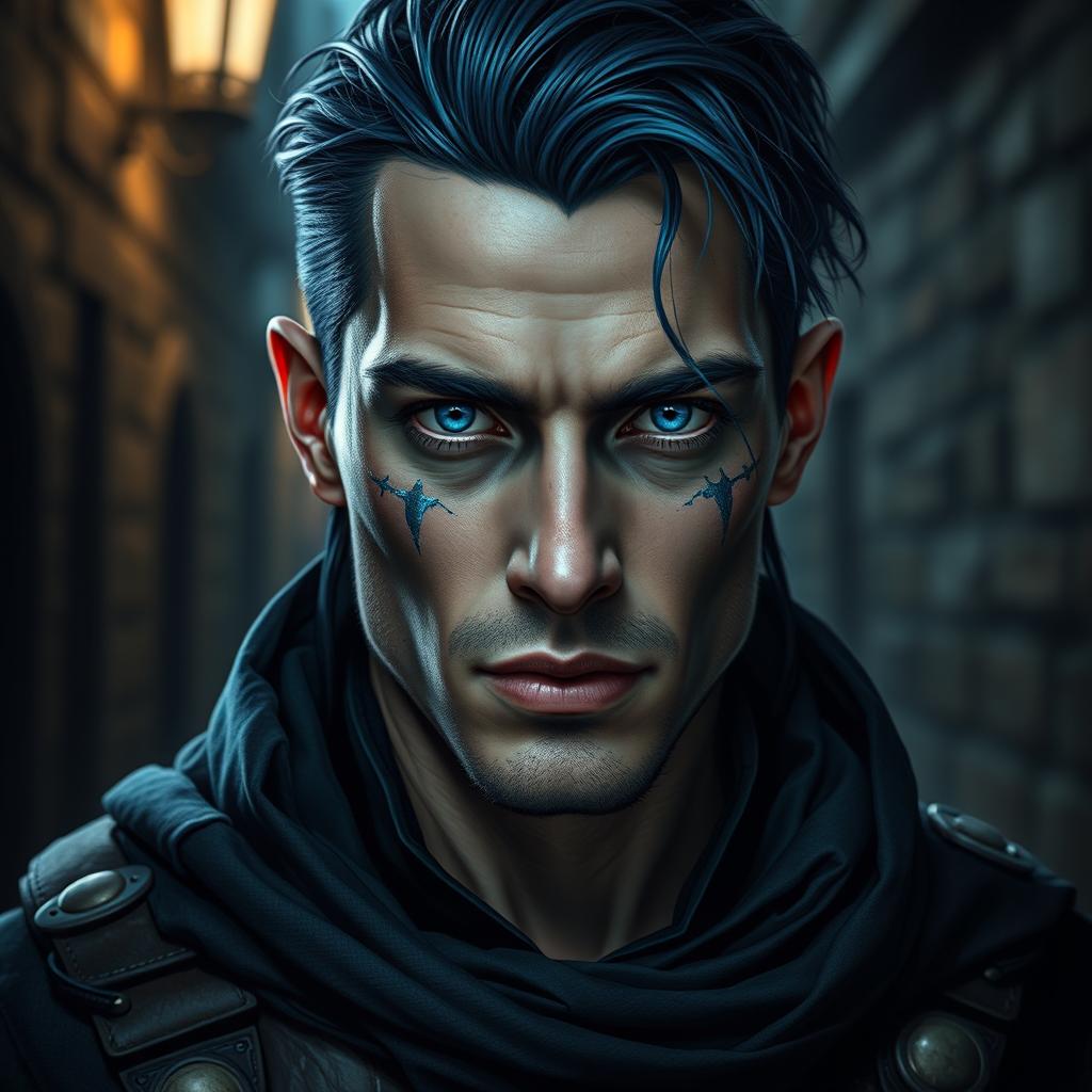 An Aasimar male rogue with striking blue eyes and dark metallic blue hair, adorned with unique metallic blue freckles across his face