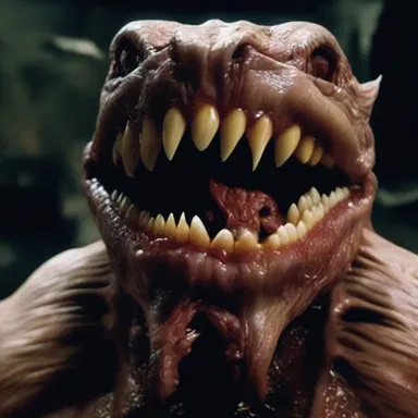 The horror movie showcased a terrifying creature, with sharp fangs protruding from its distorted alveolar arch.