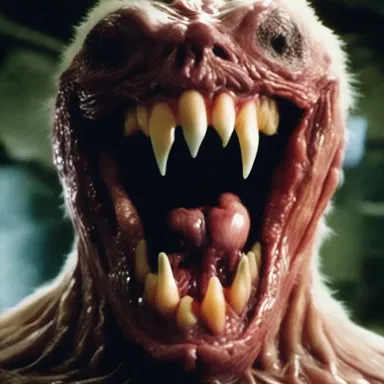The horror movie showcased a terrifying creature, with sharp fangs protruding from its distorted alveolar arch.