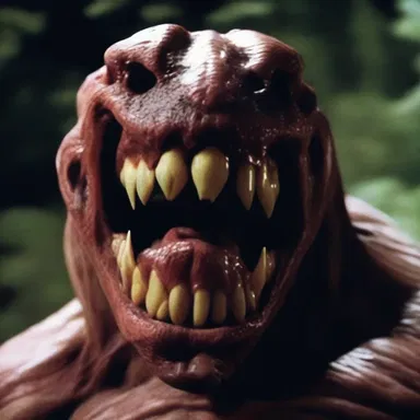 The horror movie showcased a terrifying creature, with sharp fangs protruding from its distorted alveolar arch.