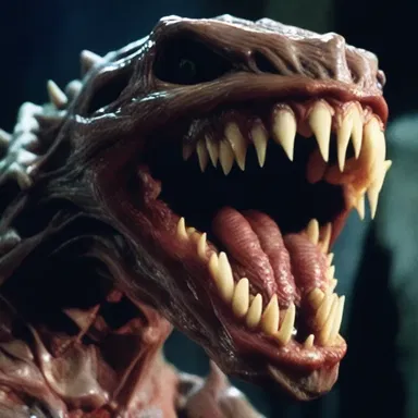The horror movie showcased a terrifying creature, with sharp fangs protruding from its distorted alveolar arch.