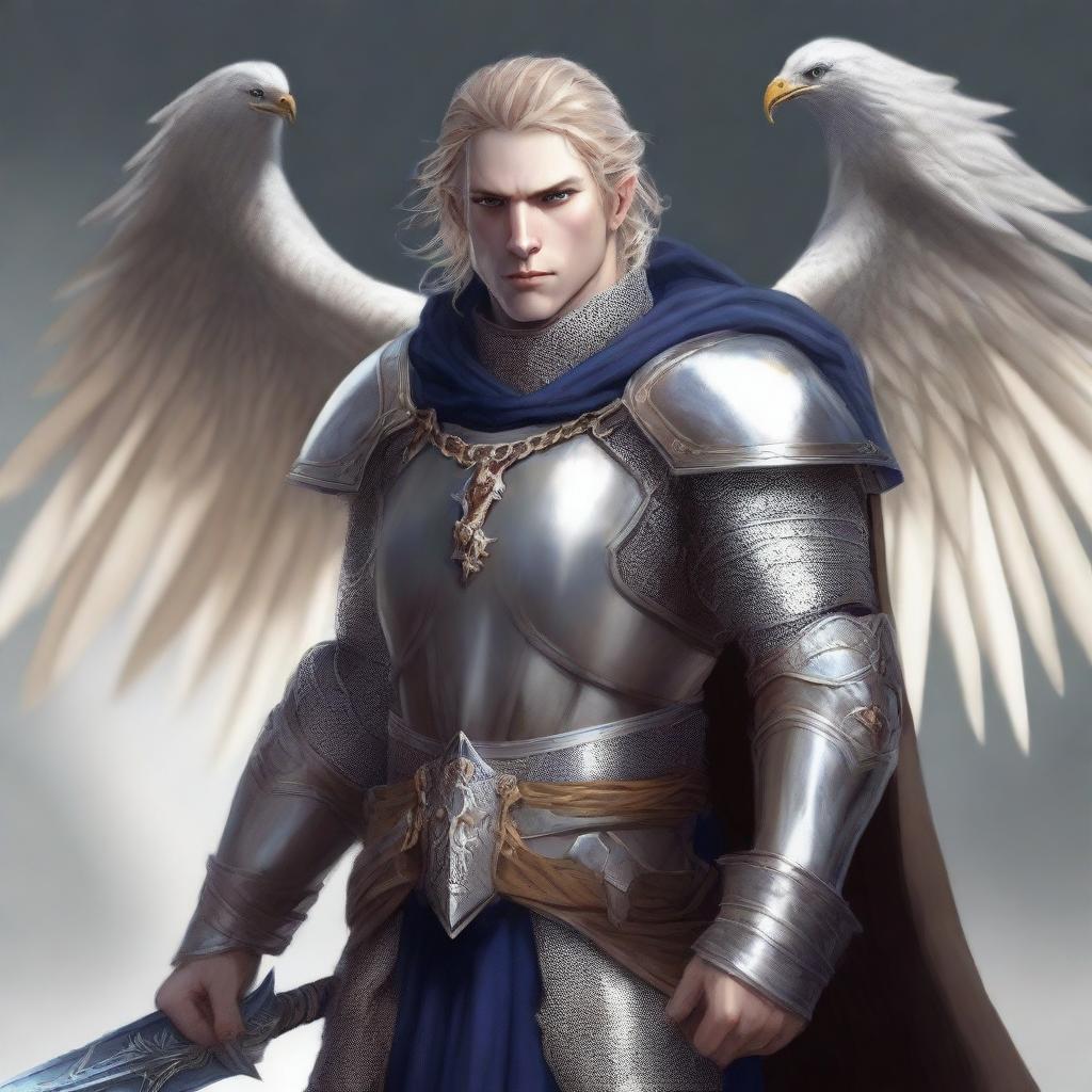 An image of a half-elf paladin dedicated to Bahamut, portrayed in a realistic and fairytale-like art style