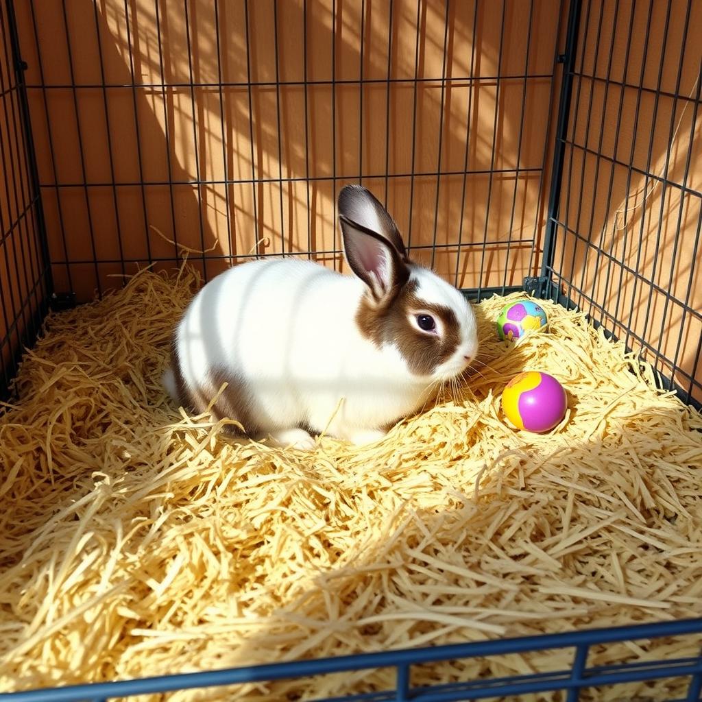 A spacious cage filled with soft straw, featuring a relaxed white and brown furry rabbit sitting comfortably inside