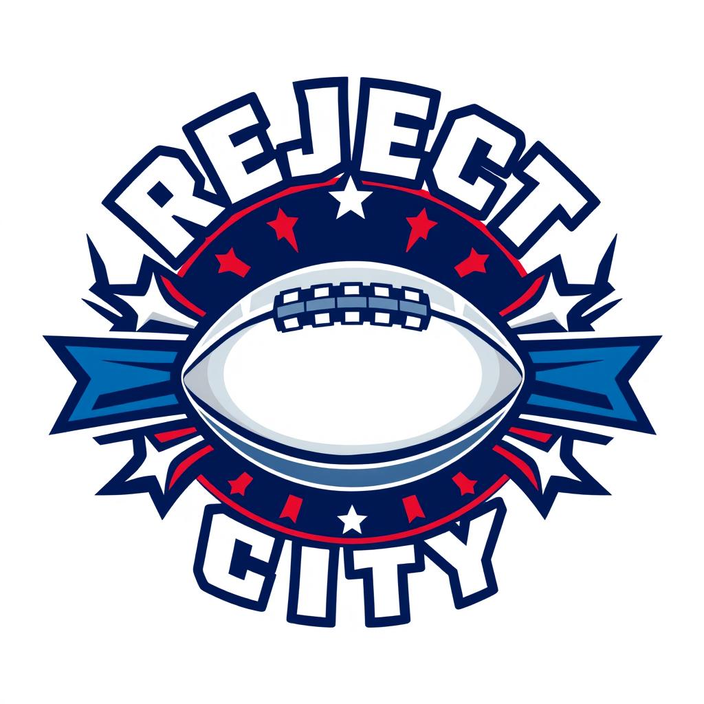 A stylized football logo design that mimics the iconic NFL logo structure but replaces the NFL branding with 'REJECT CITY' in bold, assertive typography