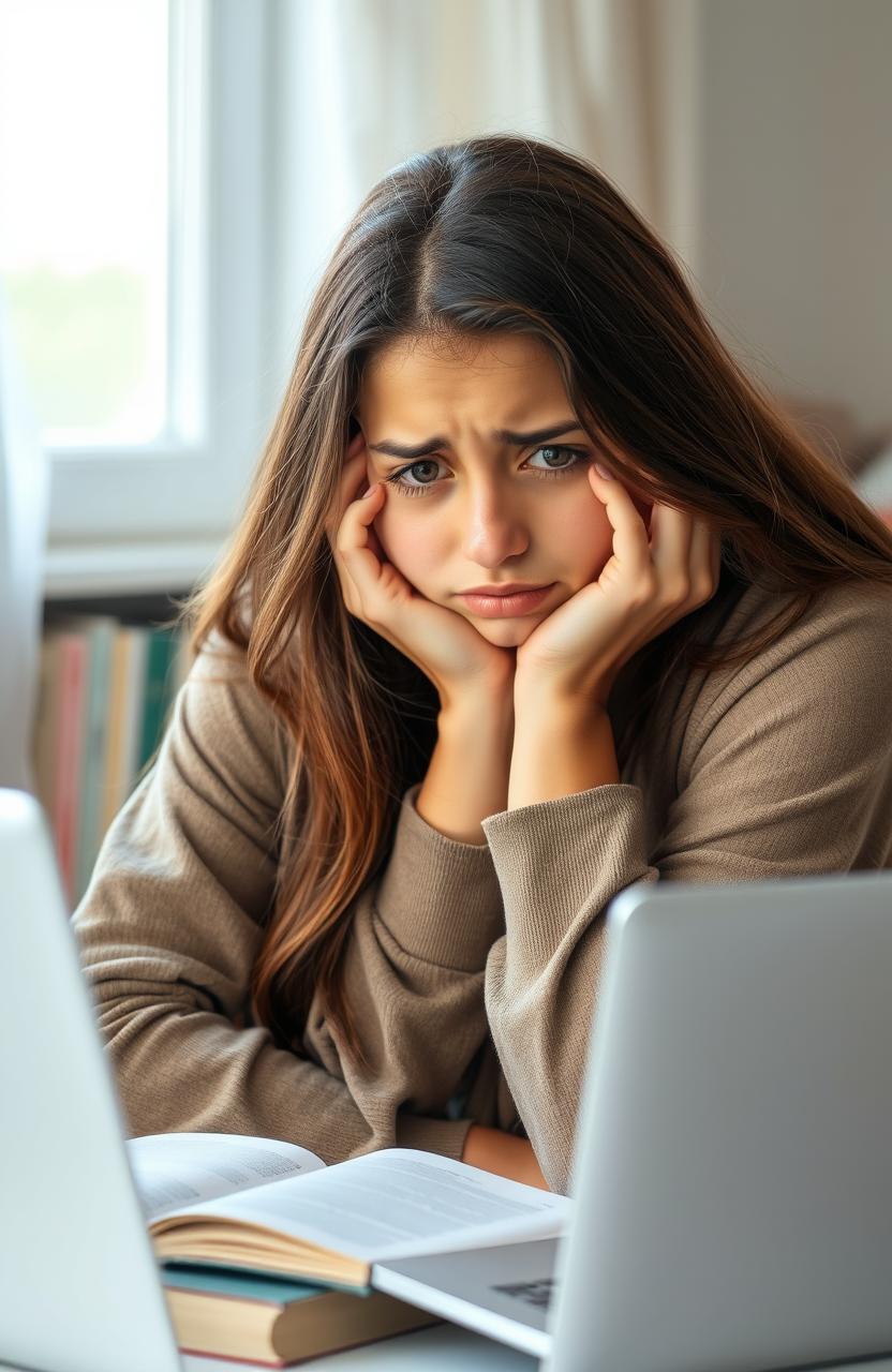 A young woman sitting with her head resting on her hands, a worried expression on her face, showing signs of overthinking about the future